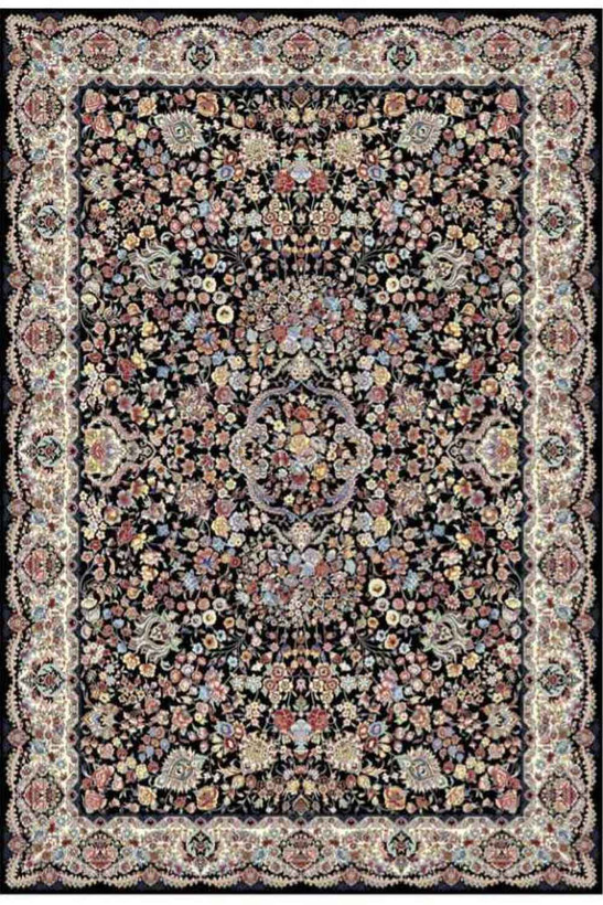 فرشینه طرح سنتی ایرانی مشکی با گل های رنگی کد ۹۰۱۲