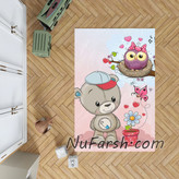 فرشینه اتاق کودک طرح خرس عروسکی و جغد بامزه زمینه صورتی و آبی کد ۶۰۹۳