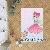 فرشینه اتاق کودک طرح دختر بامزه با گربه زمینه صورتی و آبی روشن کد ۶۰۹۰